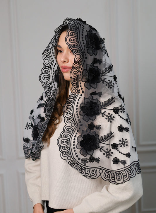 NEW BLACK 3D FLORAL VEIL