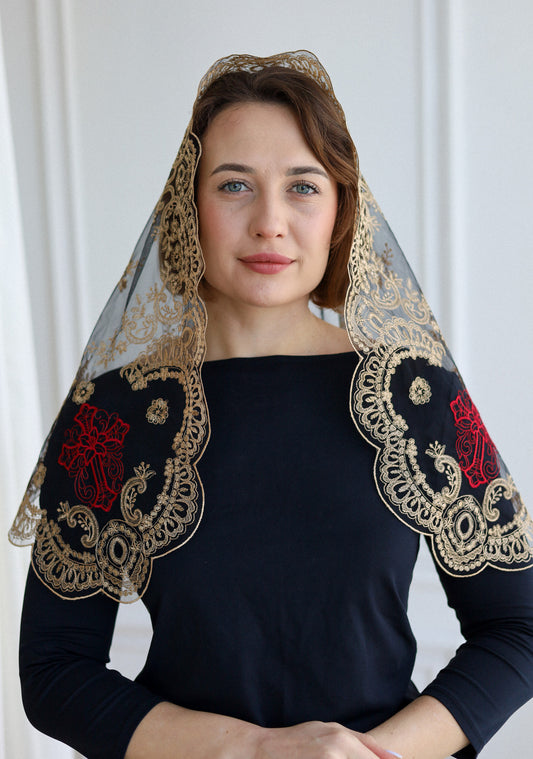 SHORT GOLD & BURGUDNY VEIL - MariaVeils