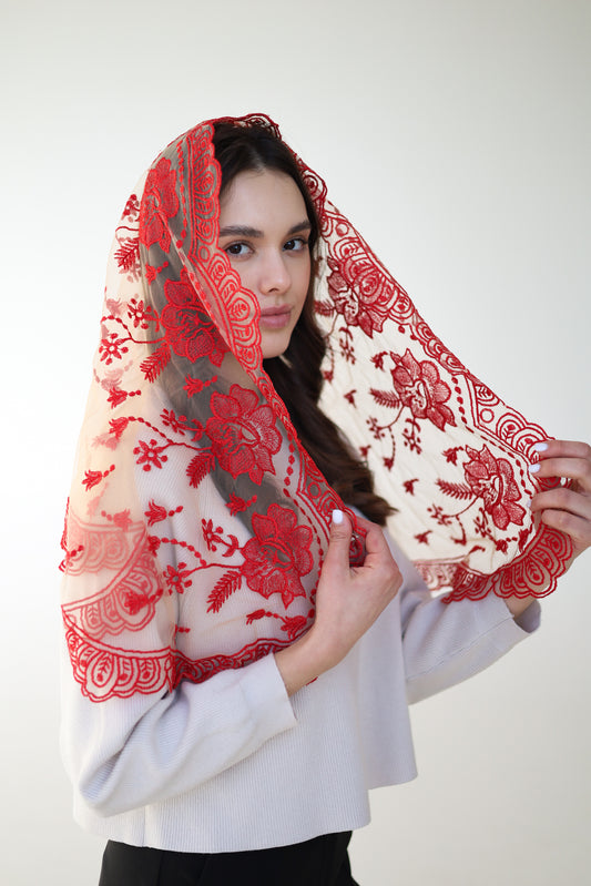 RED FLORAL MANTILLA - MariaVeils