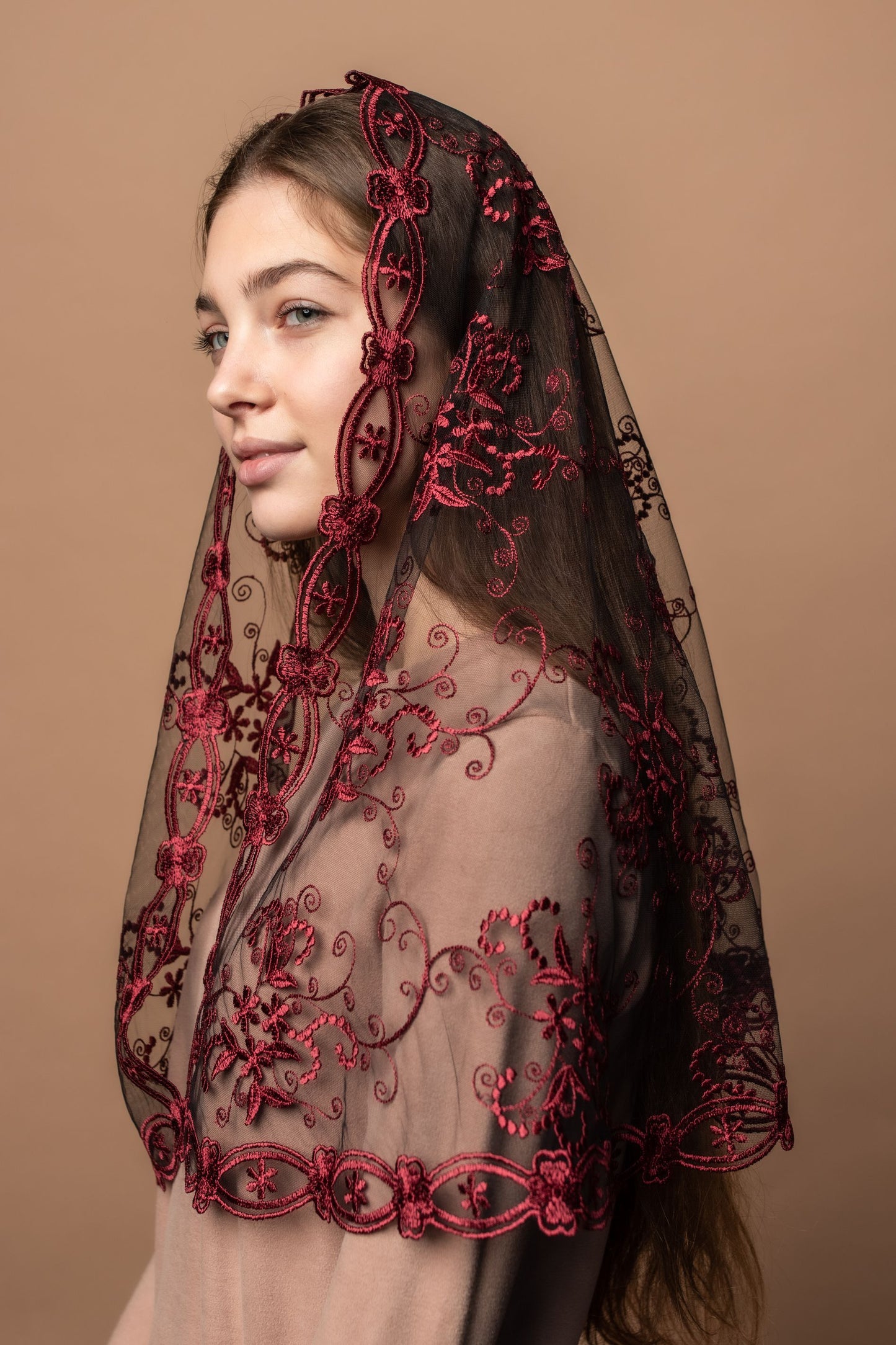 Burgundy chapel veil - MariaVeils