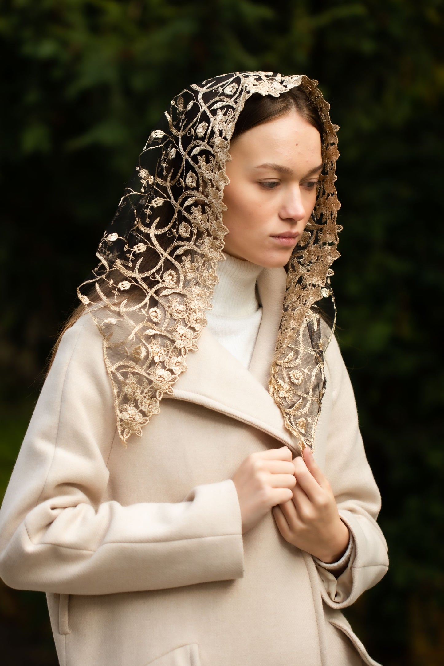 NEW!! Gold chapel veil with floral embroidery - MariaVeils