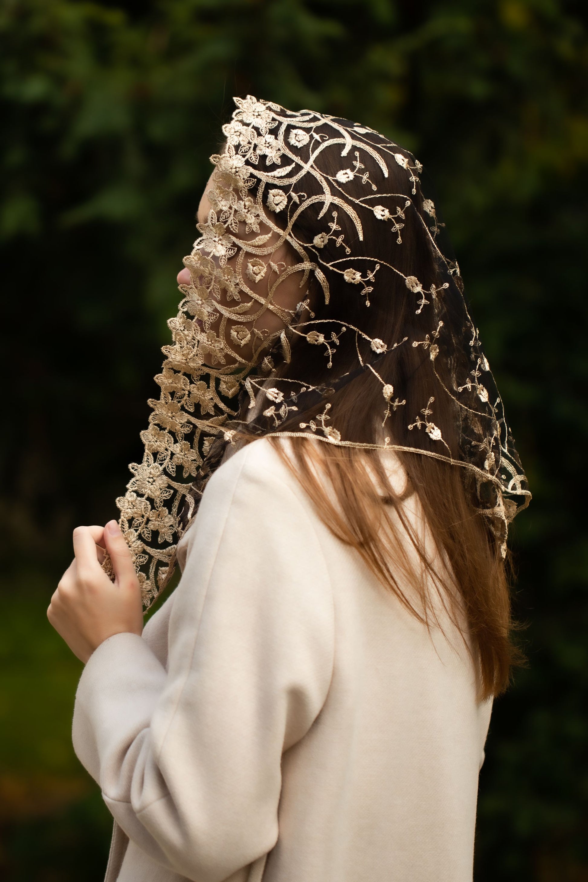NEW!! Gold chapel veil with floral embroidery - MariaVeils