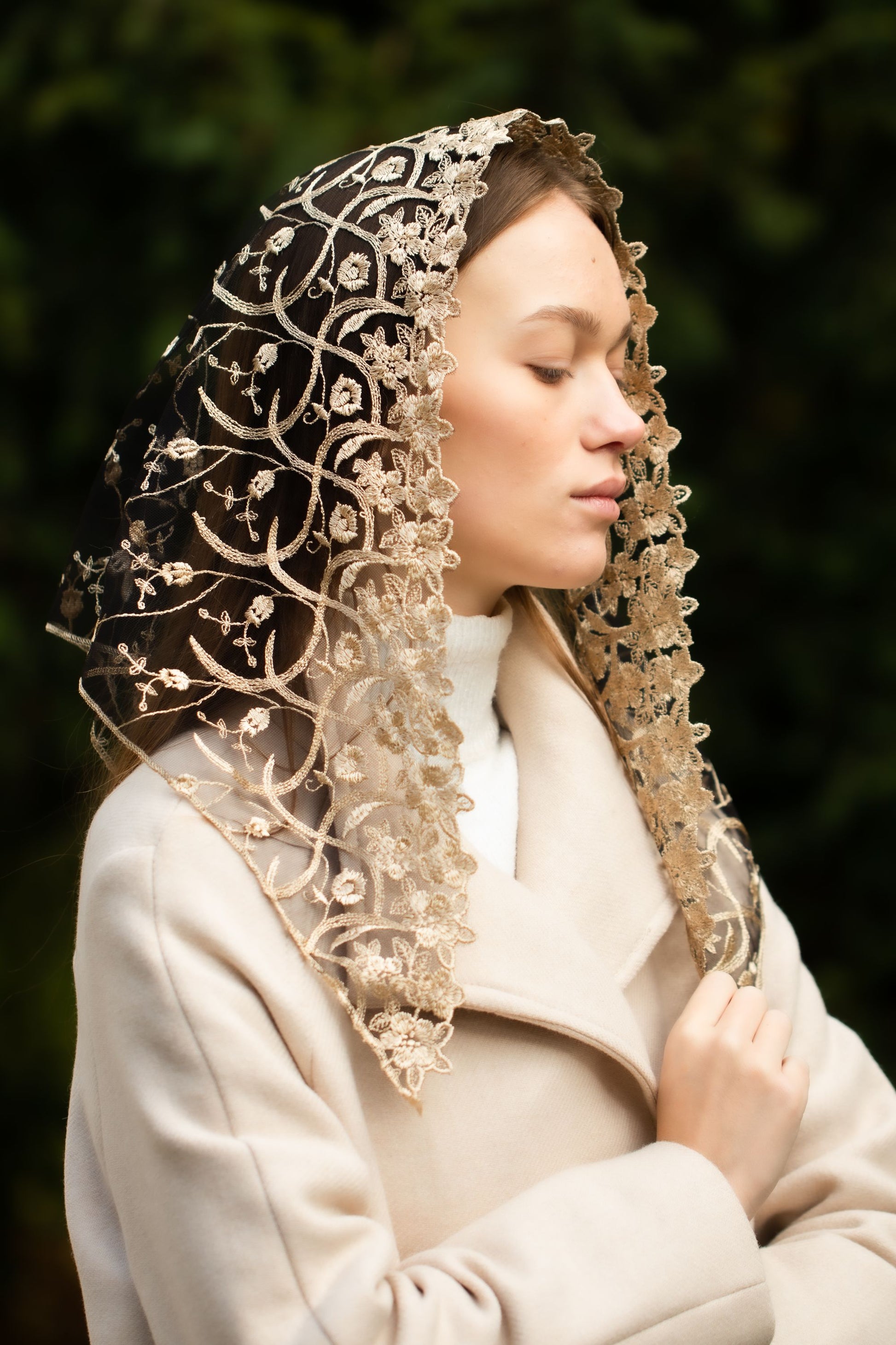 NEW!! Gold chapel veil with floral embroidery - MariaVeils