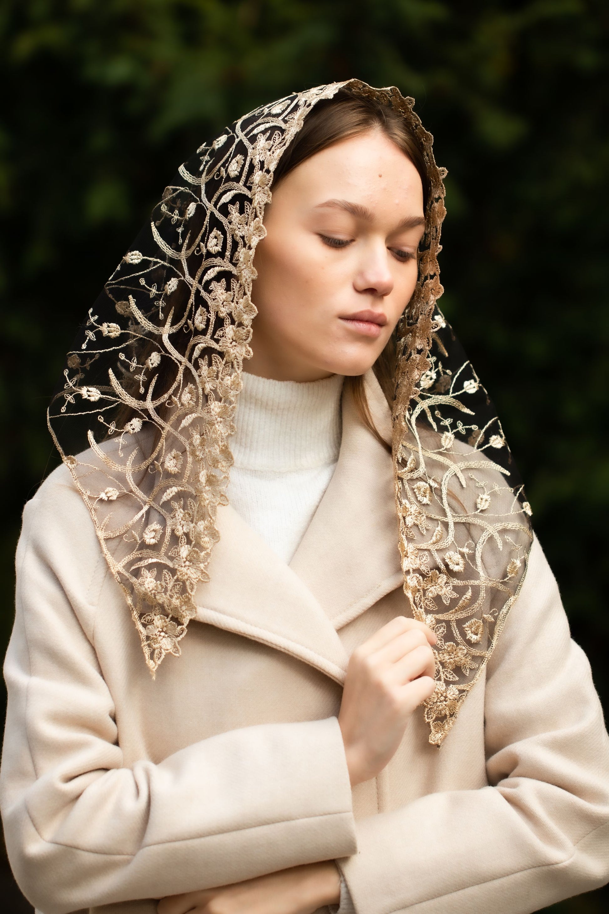NEW!! Gold chapel veil with floral embroidery - MariaVeils
