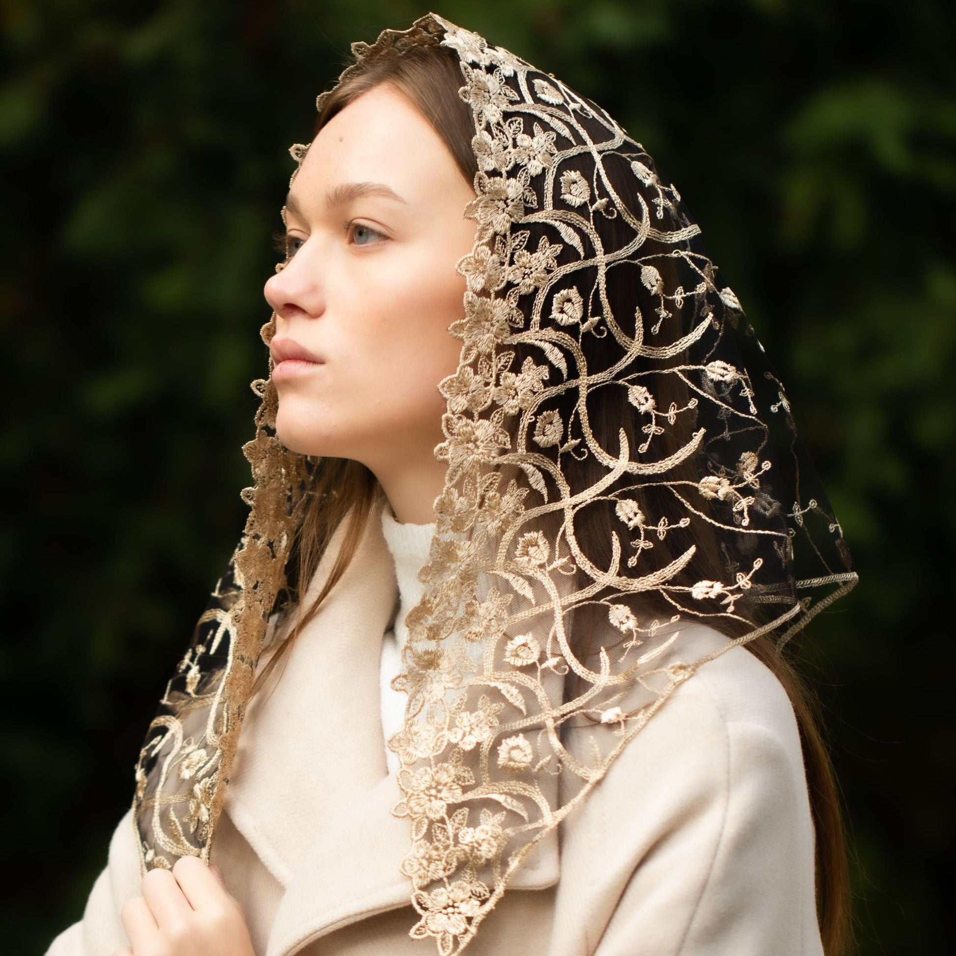 NEW!! Gold chapel veil with floral embroidery - MariaVeils