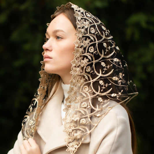 NEW!! Gold chapel veil with floral embroidery - MariaVeils