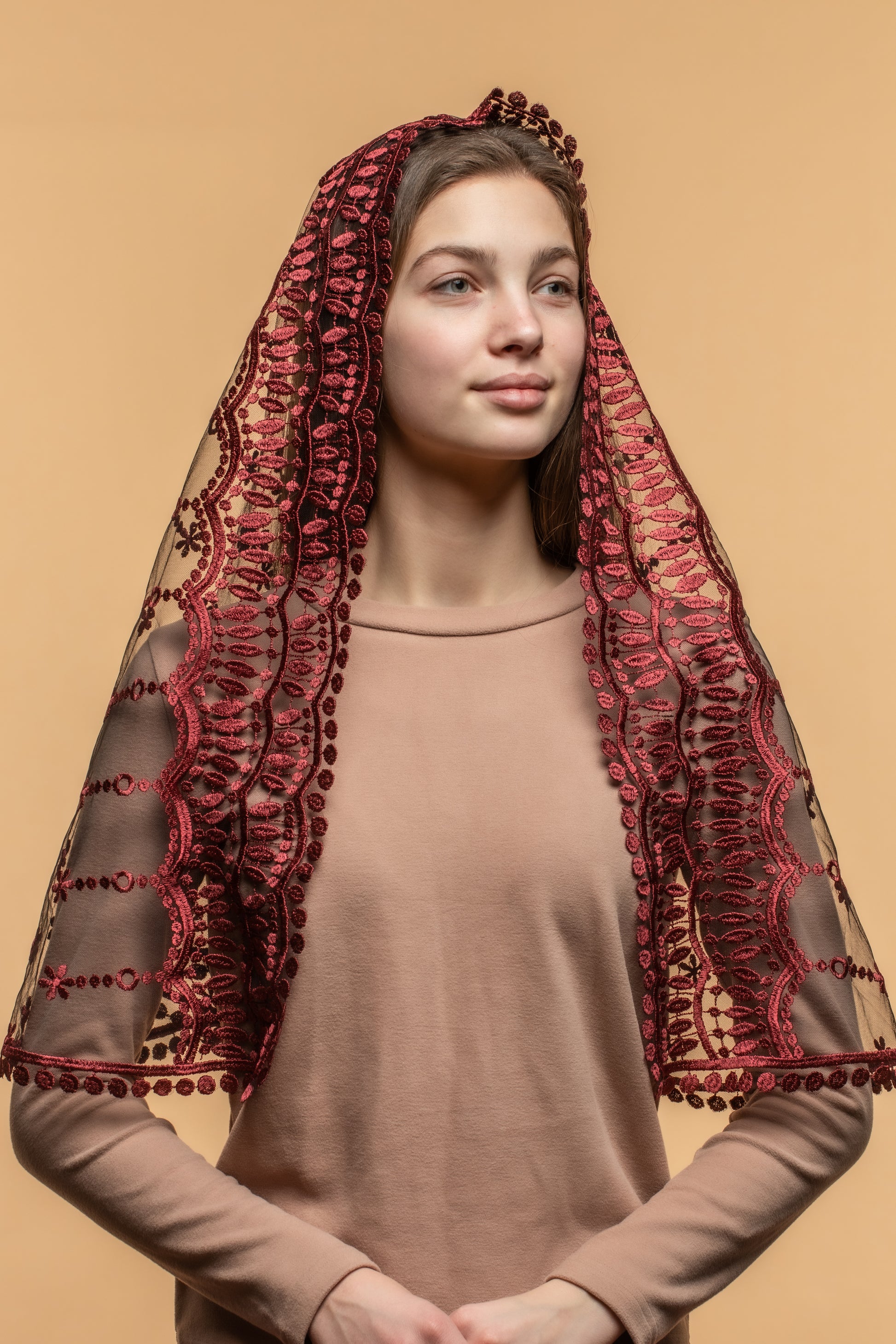 Long burgundy chapel veil - MariaVeils