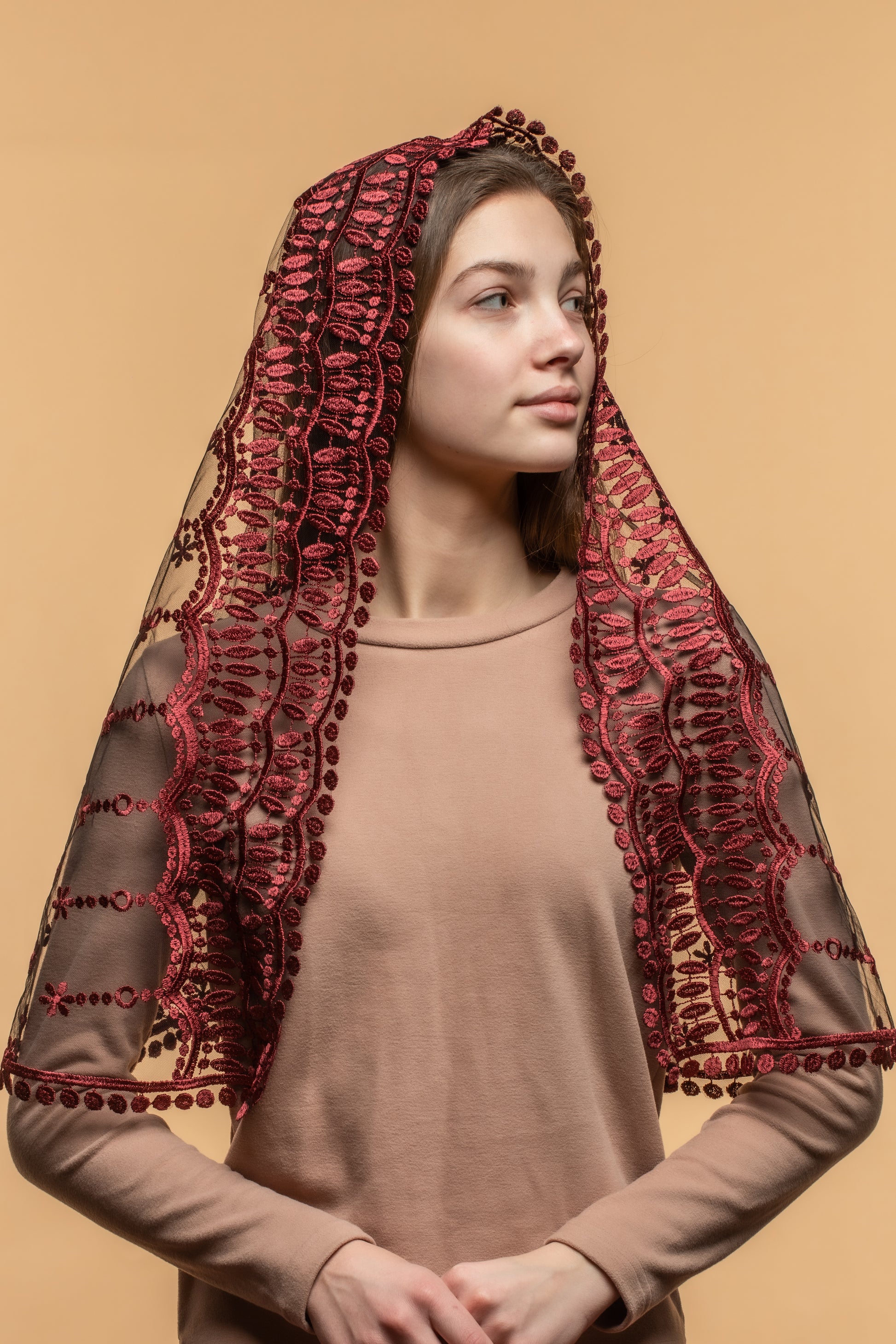 Long burgundy chapel veil - MariaVeils
