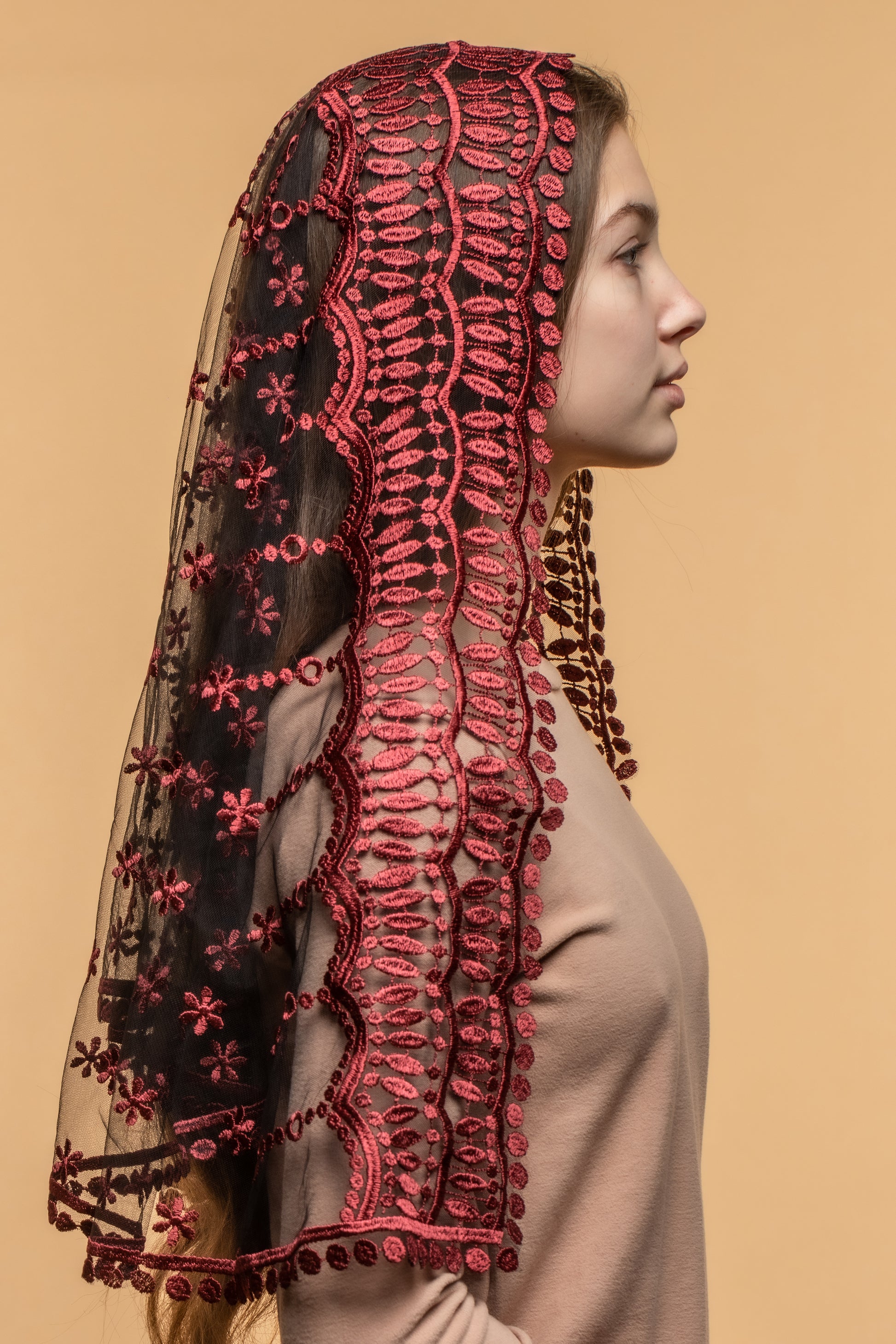 Long burgundy chapel veil - MariaVeils