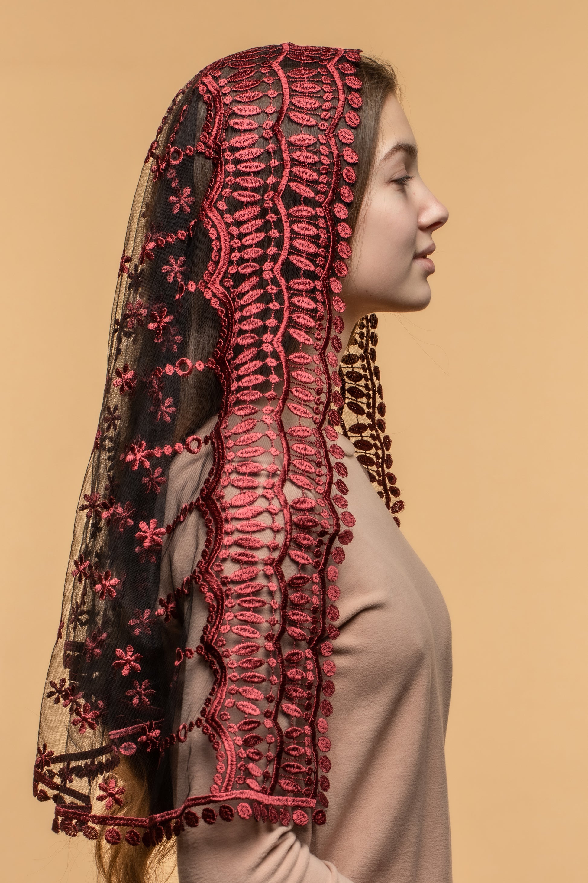 Long burgundy chapel veil - MariaVeils