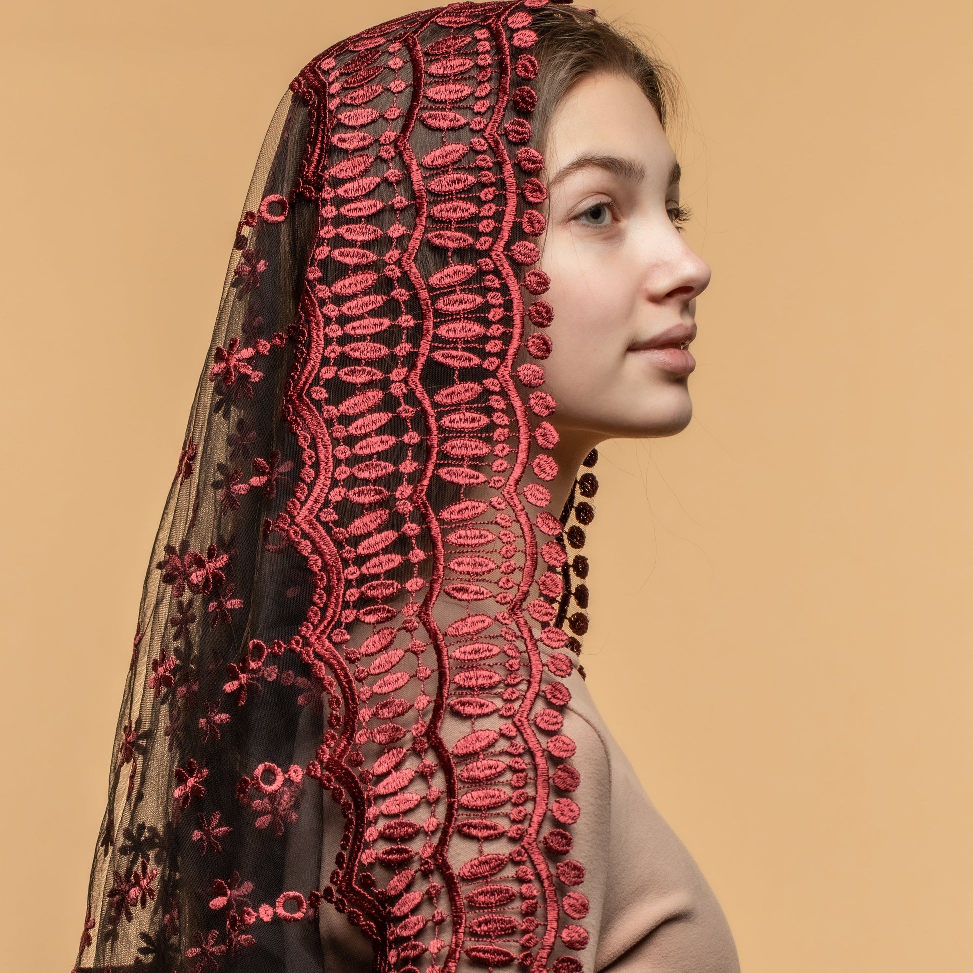 Long burgundy chapel veil - MariaVeils