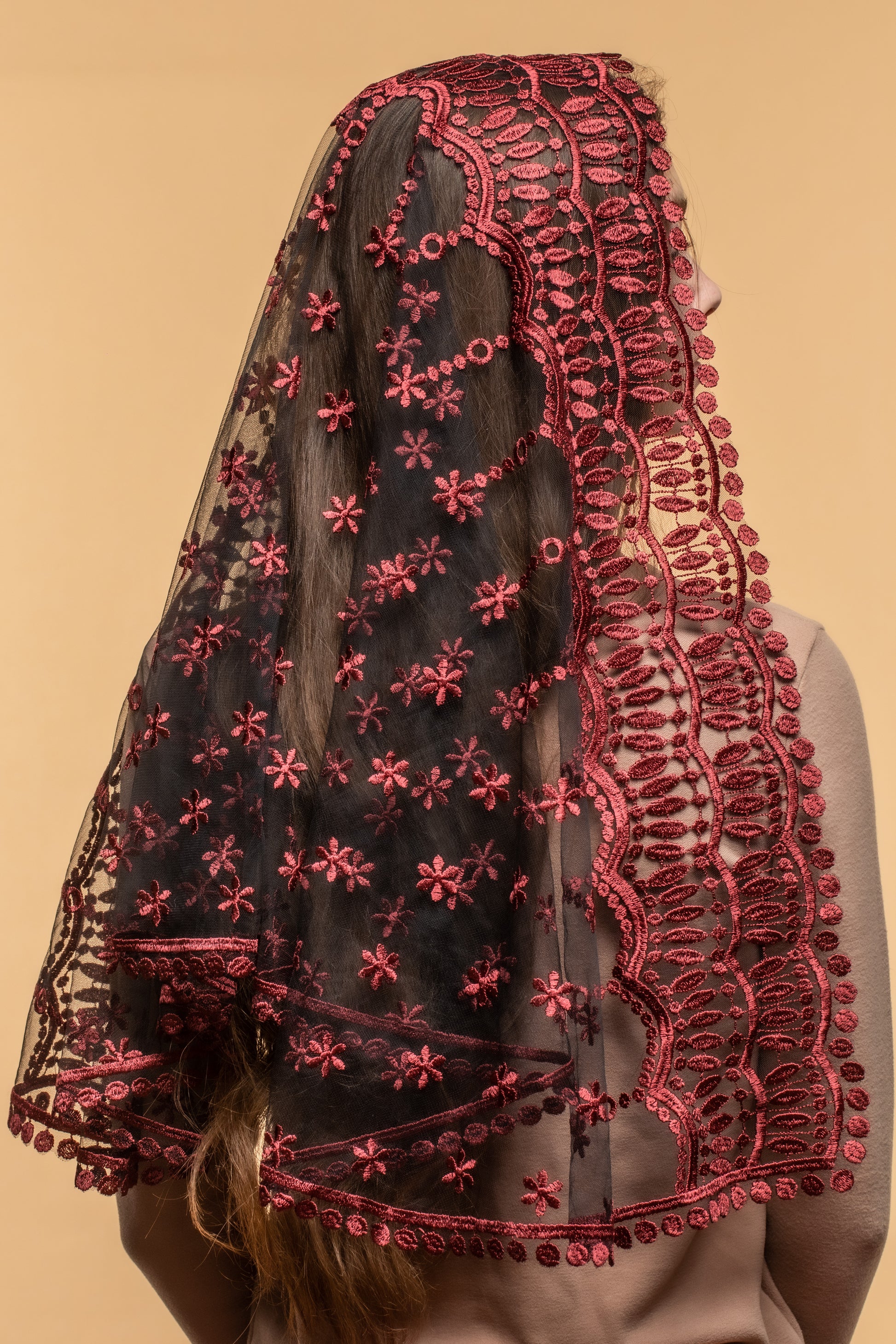 Long burgundy chapel veil - MariaVeils