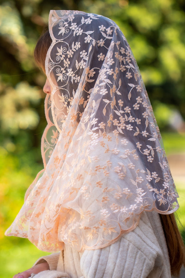 NEW! Infinity chapel veil with peach flowers - MariaVeils