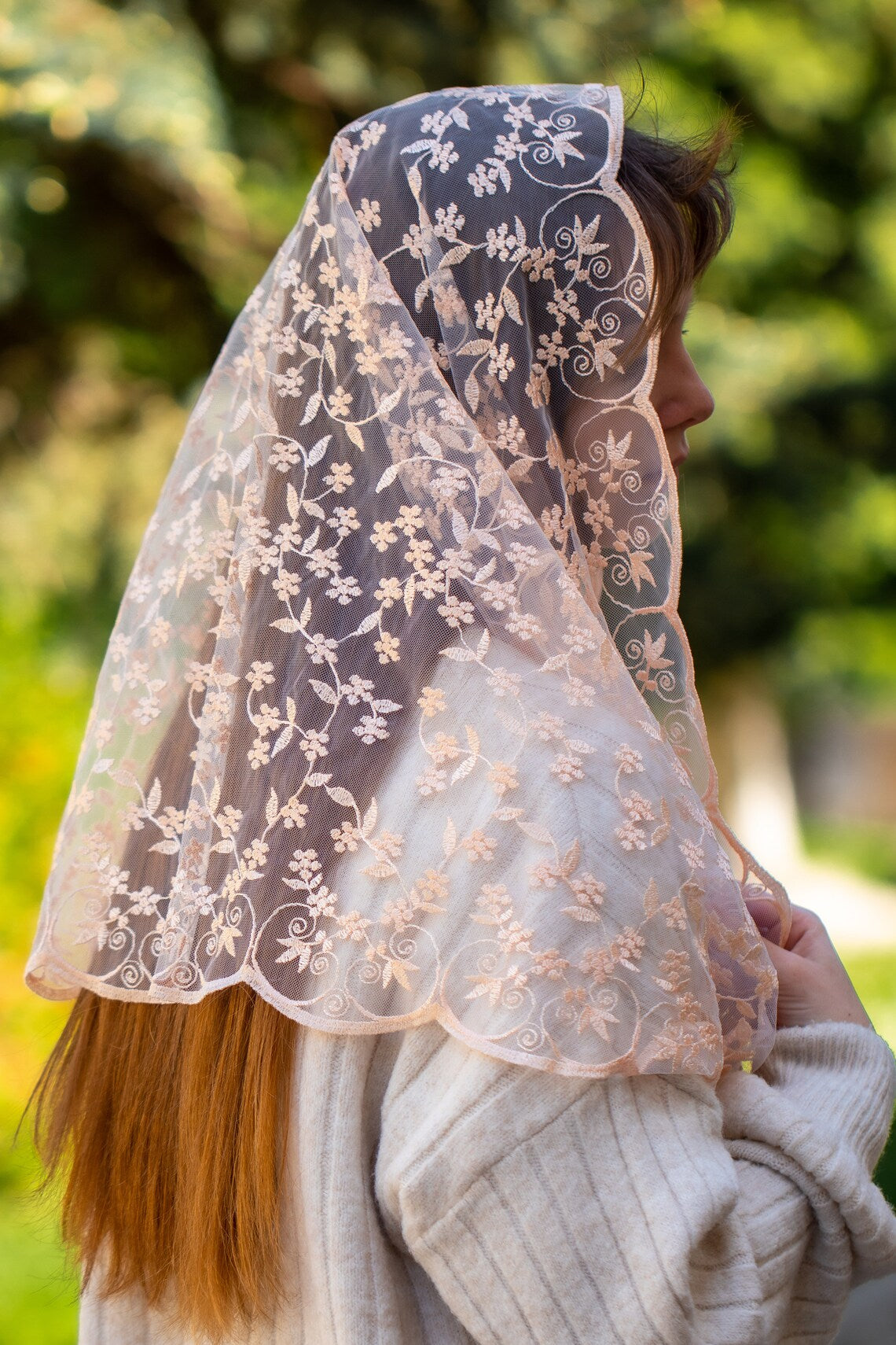 NEW! Infinity chapel veil with peach flowers - MariaVeils