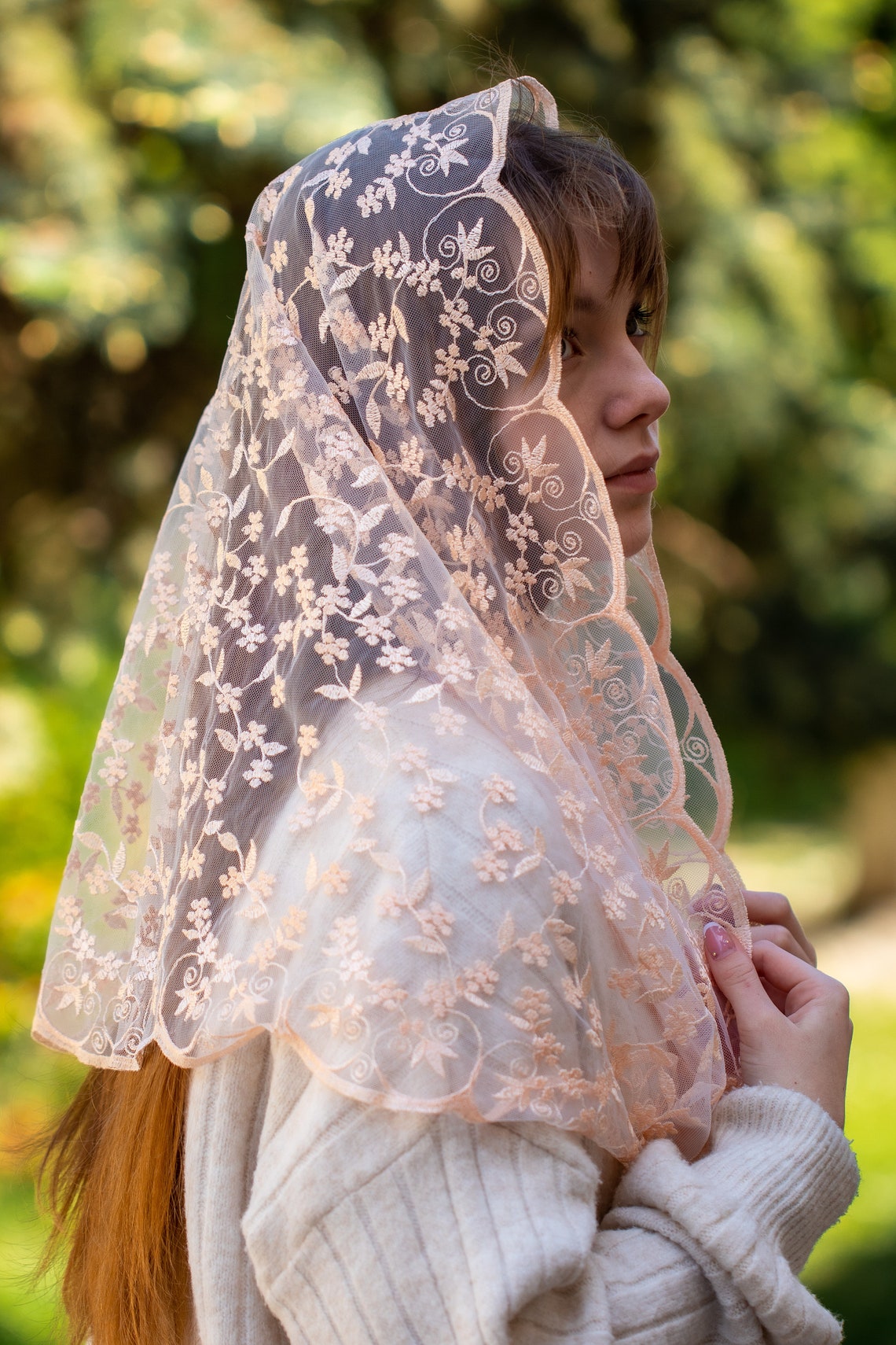 NEW! Infinity chapel veil with peach flowers - MariaVeils