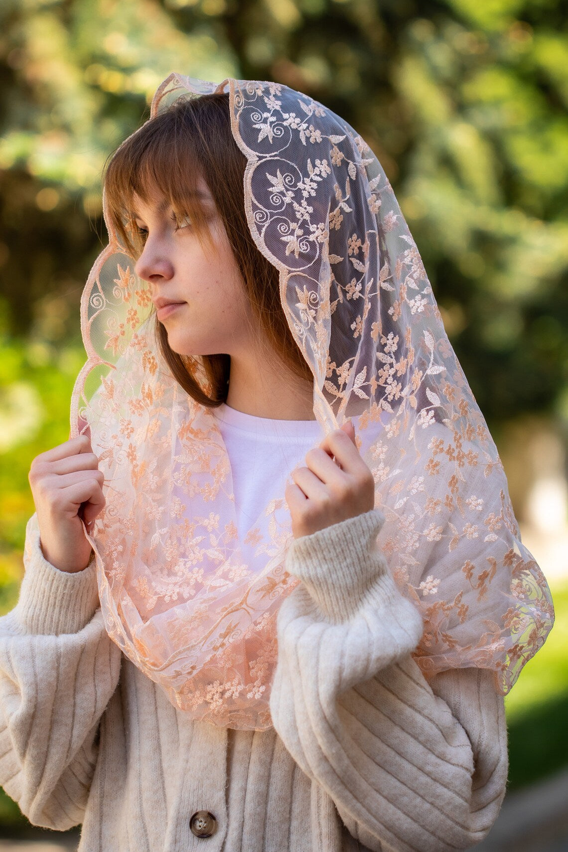 NEW! Infinity chapel veil with peach flowers - MariaVeils