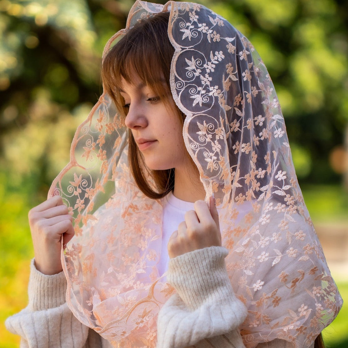NEW! Infinity chapel veil with peach flowers - MariaVeils