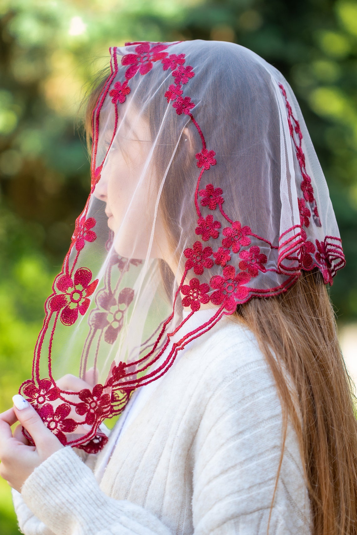Burgundy floral veil - MariaVeils