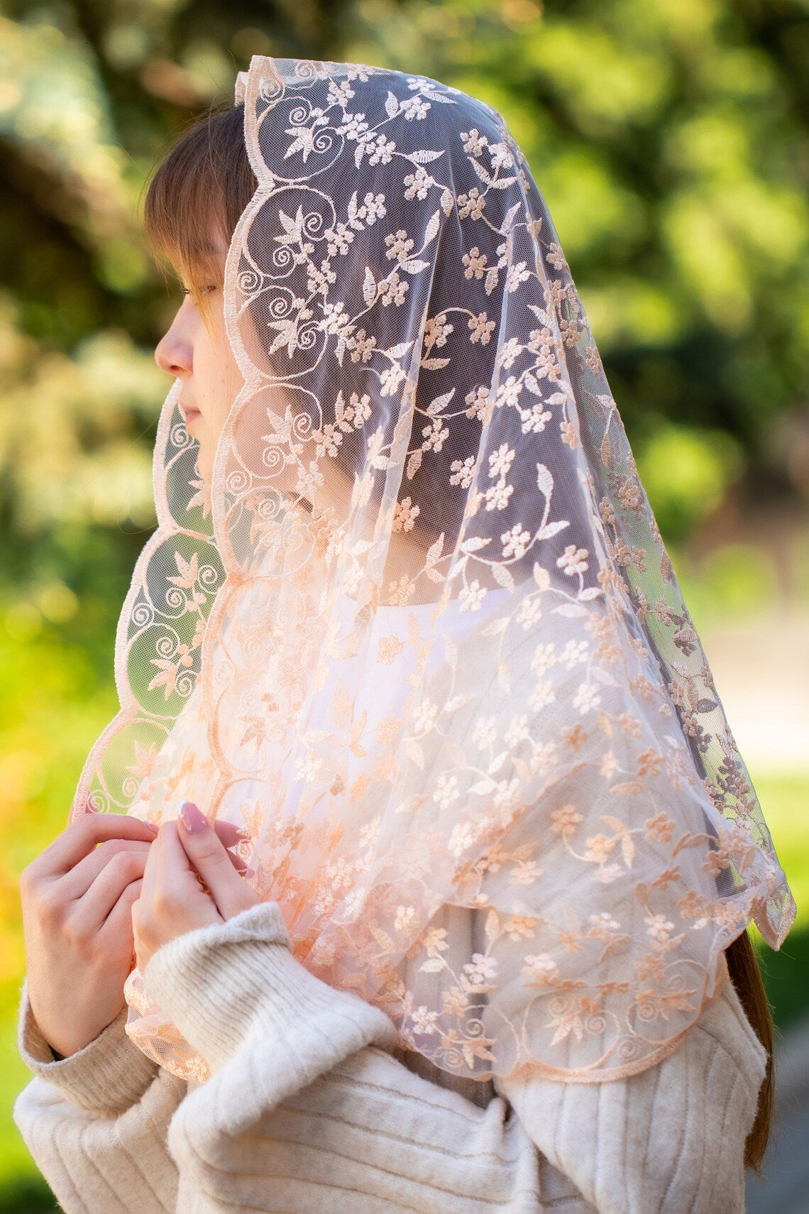 NEW! Infinity chapel veil with peach flowers - MariaVeils