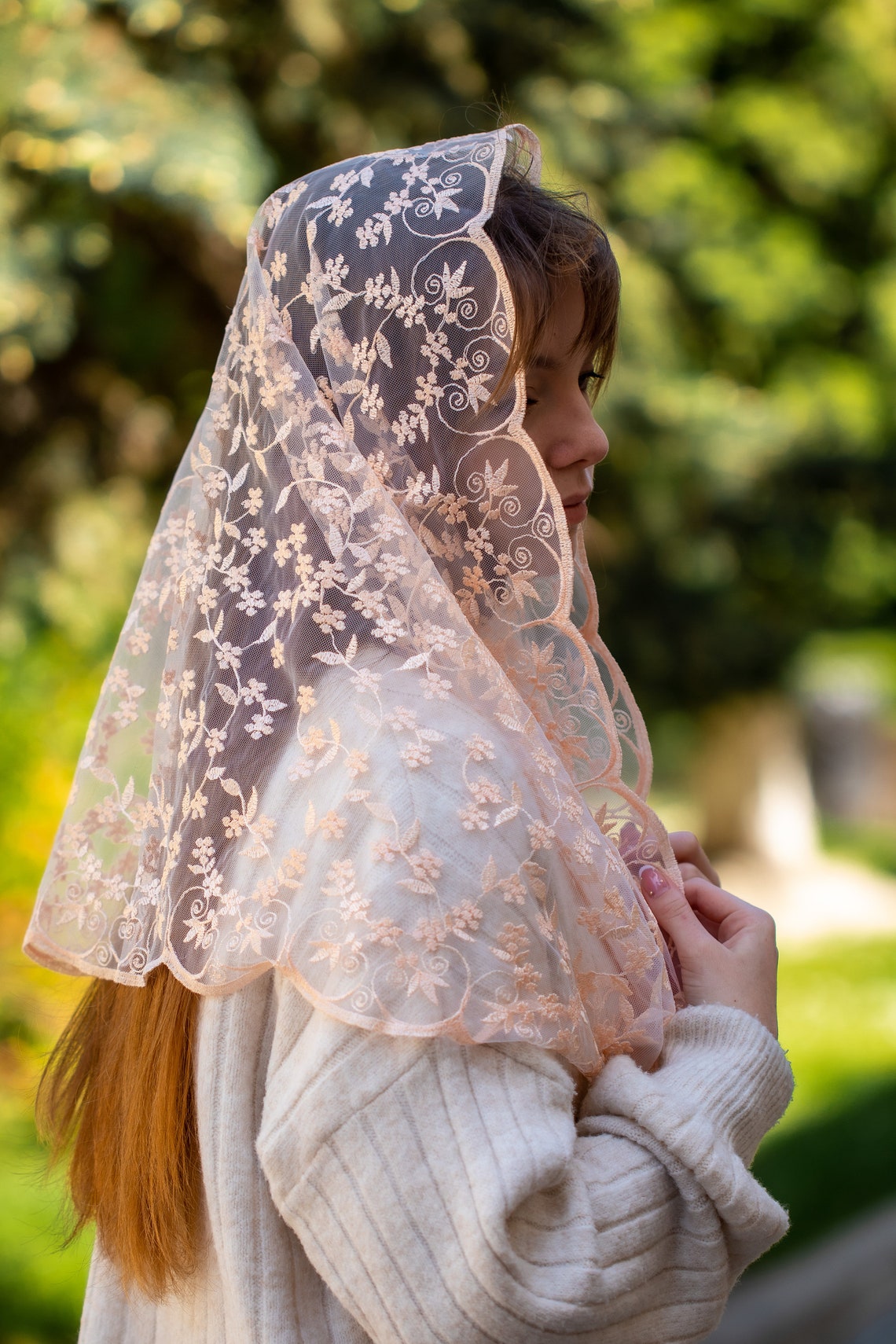 NEW! Infinity chapel veil with peach flowers - MariaVeils