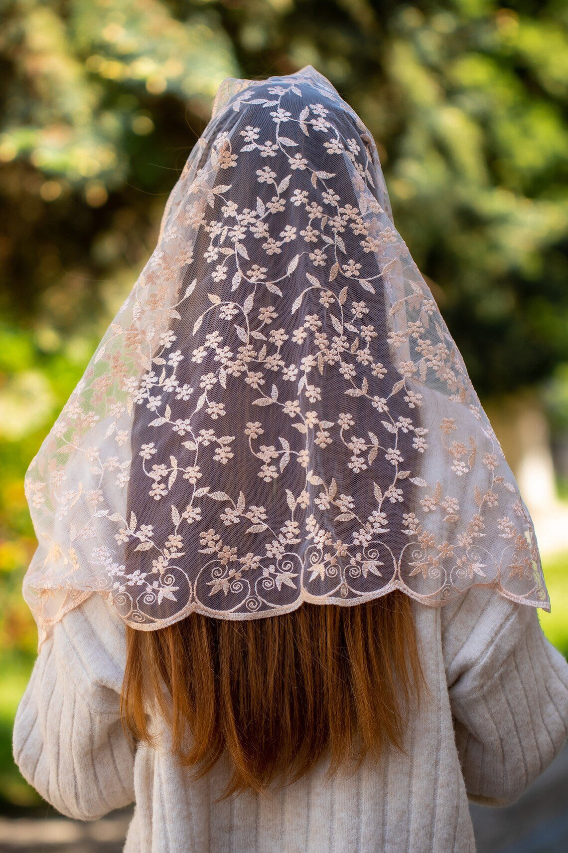NEW! Infinity chapel veil with peach flowers - MariaVeils