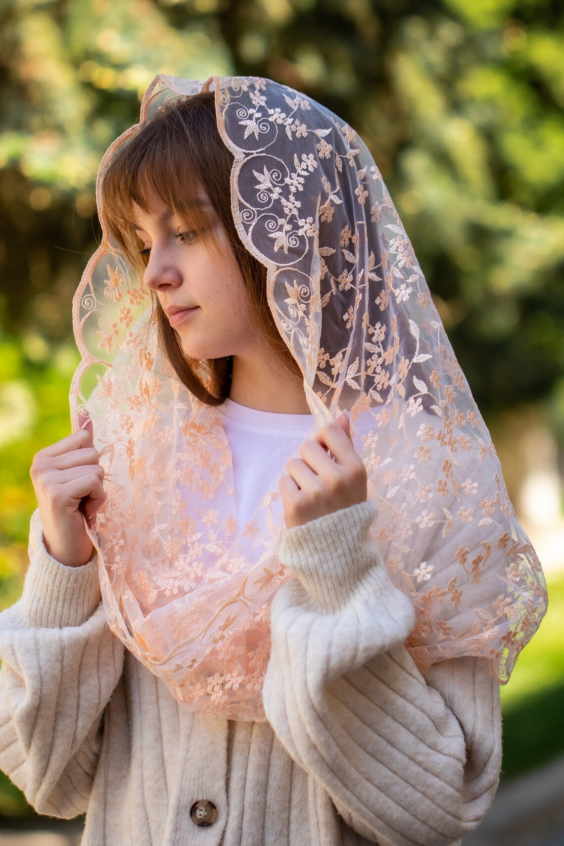 NEW! Infinity chapel veil with peach flowers - MariaVeils