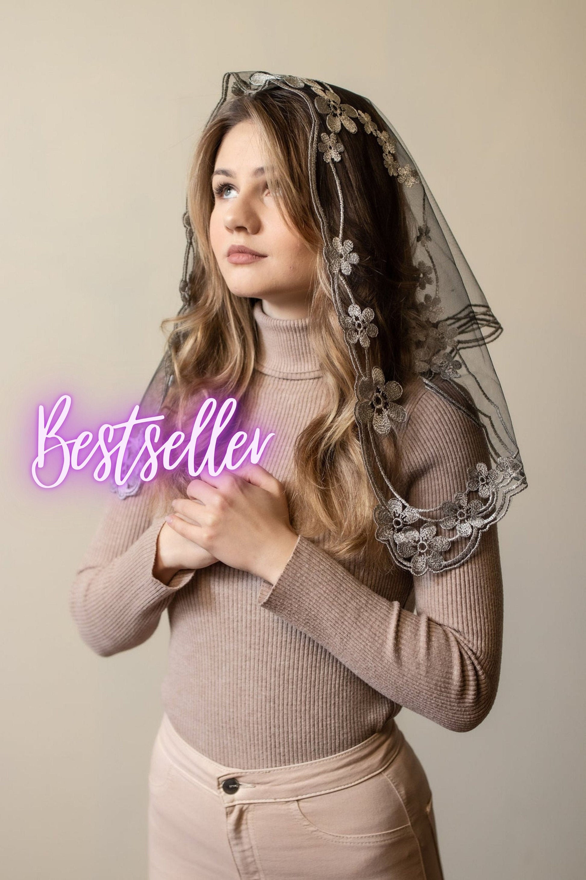 Bestseller!! Grey chapel  veil with floral embroidery - Maria Veils