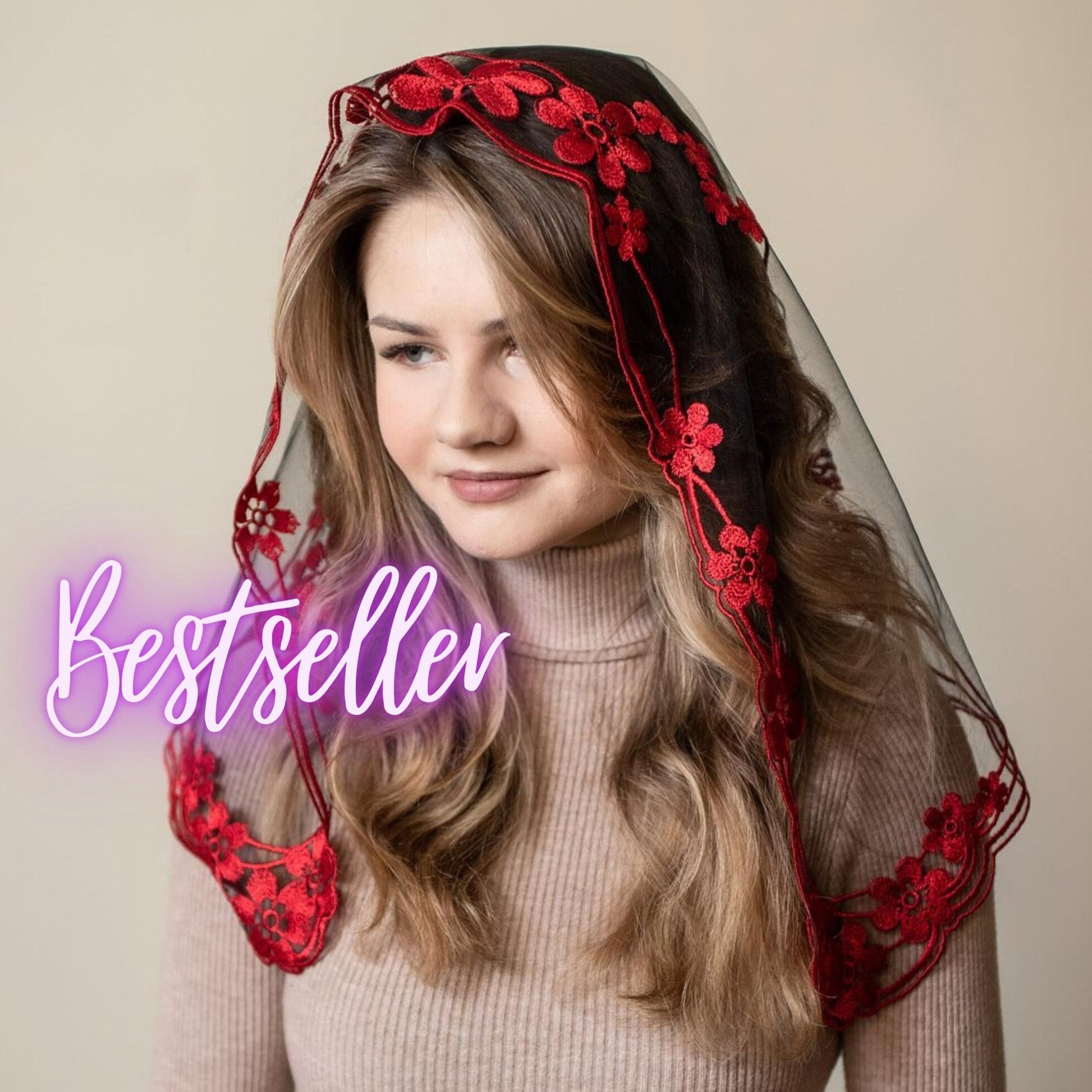 Bestseller! Red lace chapel veil - Maria Veils