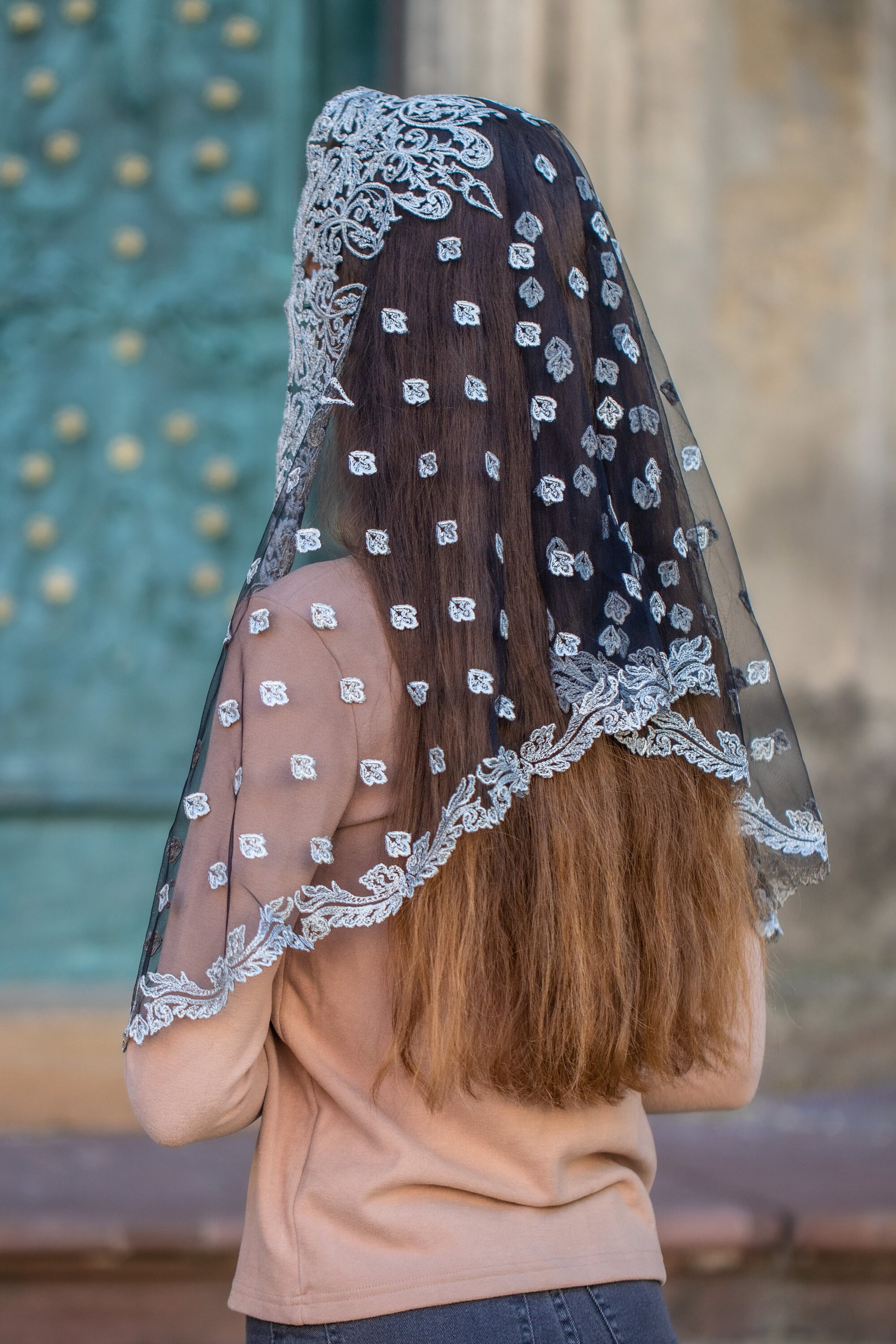 Gray lace church veil - Maria Veils