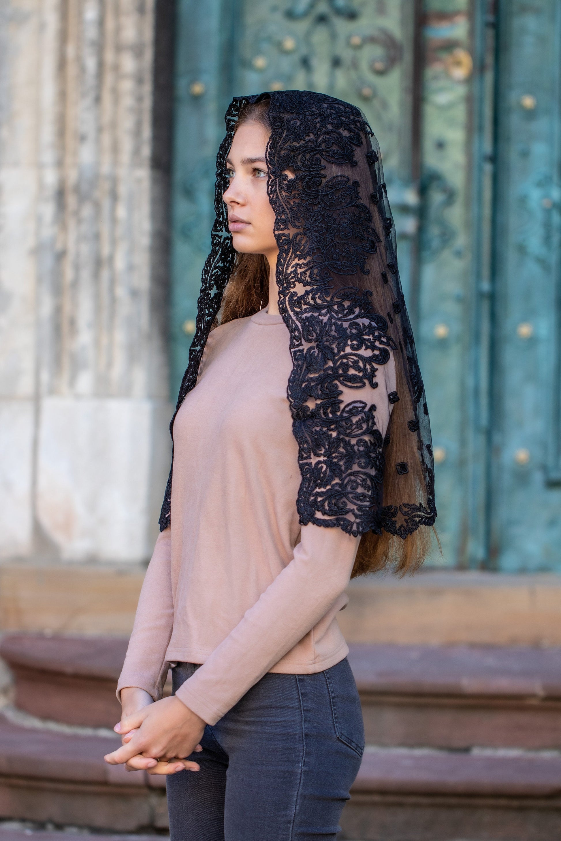 Long black church veil - Maria Veils