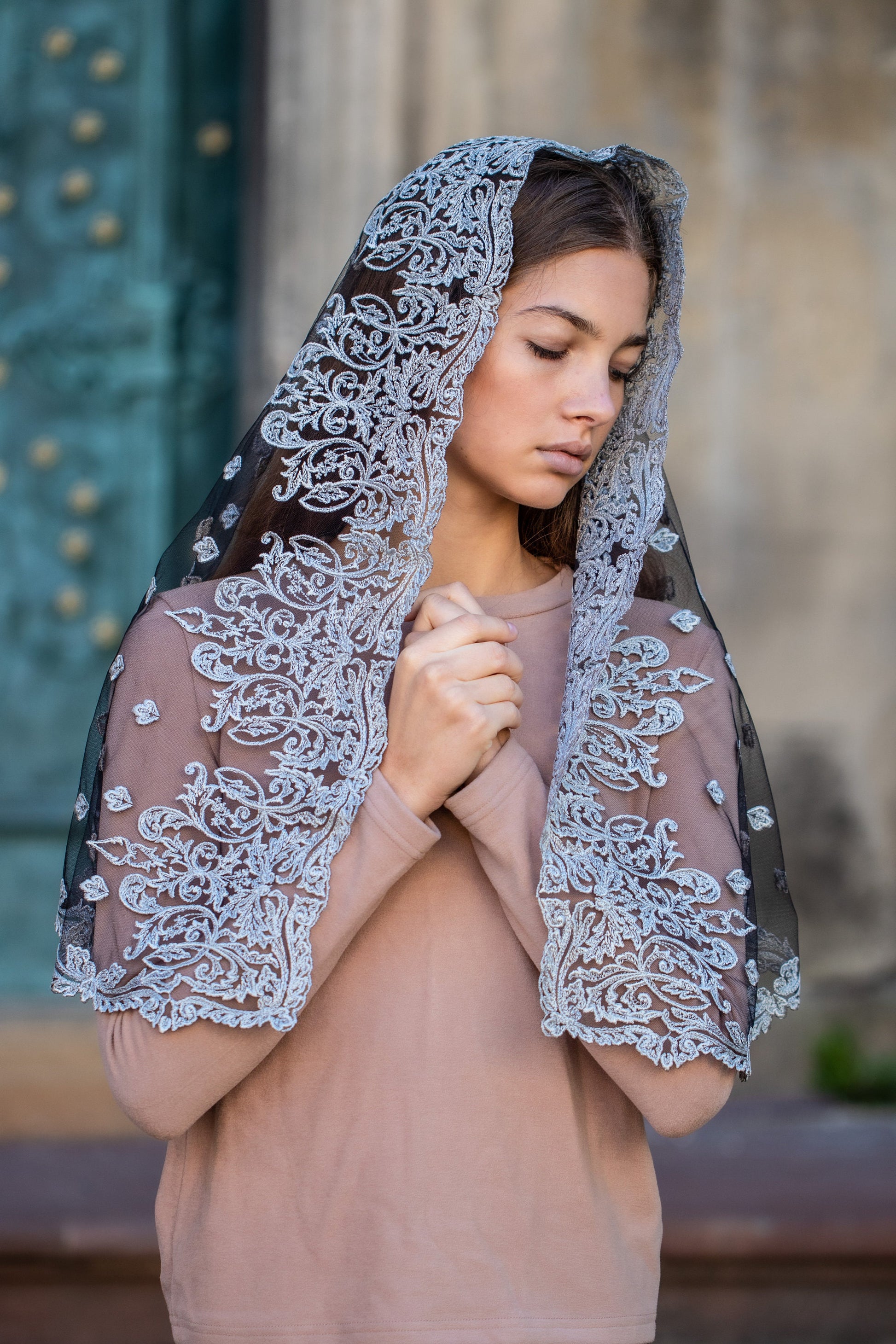 Gray lace church veil - Maria Veils