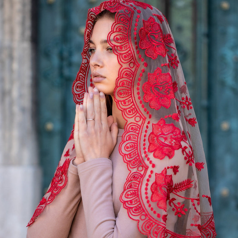 Lace chapel veil with red flowers - Maria Veils