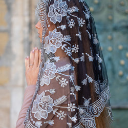 Grey chapel veil with floral embroidery - Maria Veils